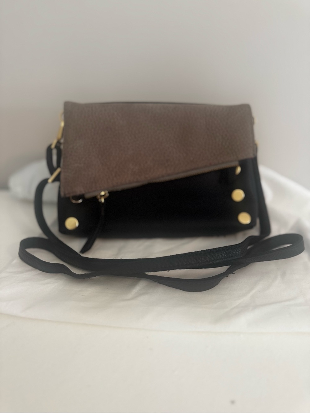 Hammit Two-Tone Foldover Crossbody Bag in Brown and Black